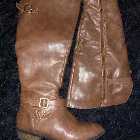 Brown leather wide leg knee boots - Picture 2 of 4
